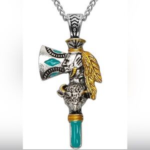Beautiful Silvertone Native American Hatchet Pendant Necklace